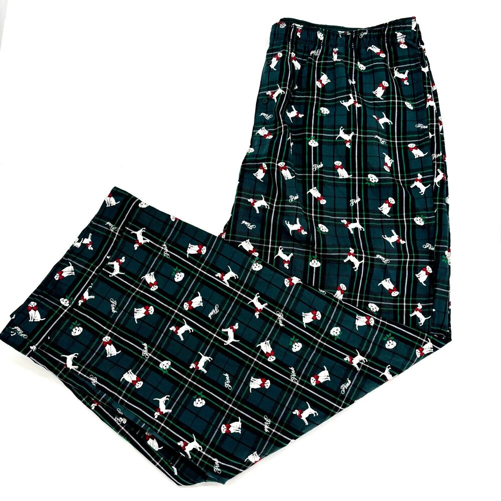 Pink Victoria's Secret XXL Lounge Pant Dog Print Silky Green Plaid PJ Cuffed NWT